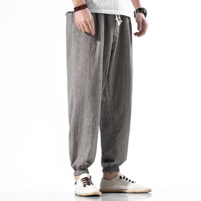 Foviel Casual Solid Color Drawstring Linen Men's Pants With Pockets
