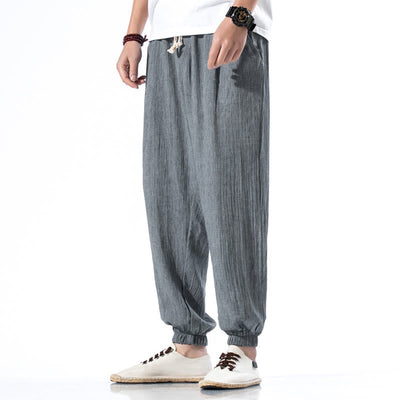 Foviel Casual Solid Color Drawstring Linen Men's Pants With Pockets