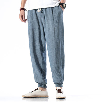 Foviel Casual Solid Color Drawstring Linen Men's Pants With Pockets