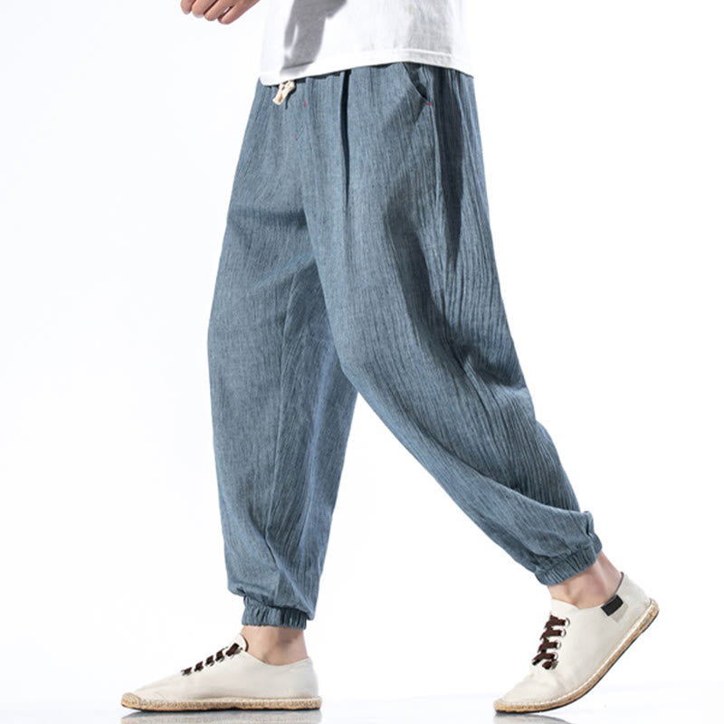Foviel Casual Solid Color Drawstring Linen Men's Pants With Pockets