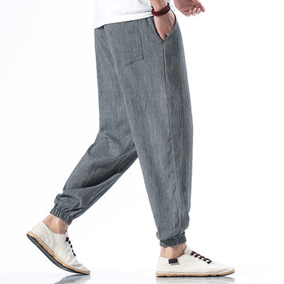 Foviel Casual Solid Color Drawstring Linen Men's Pants With Pockets