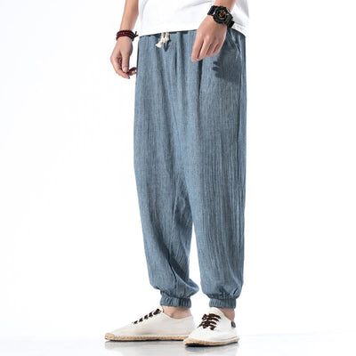 Foviel Casual Solid Color Drawstring Linen Men's Pants With Pockets