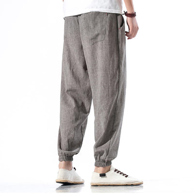 Foviel Casual Solid Color Drawstring Linen Men's Pants With Pockets