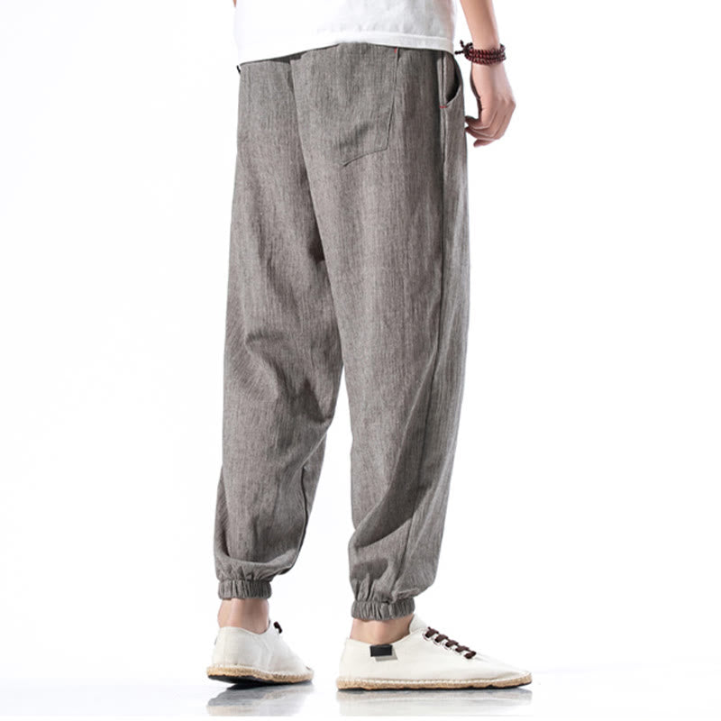 Foviel Casual Solid Color Drawstring Linen Men's Pants With Pockets