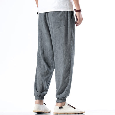 Foviel Casual Solid Color Drawstring Linen Men's Pants With Pockets