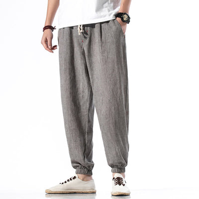 Foviel Casual Solid Color Drawstring Linen Men's Pants With Pockets