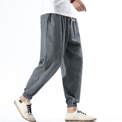 Foviel Casual Solid Color Drawstring Linen Men's Pants With Pockets