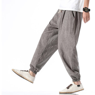 Foviel Casual Solid Color Drawstring Linen Men's Pants With Pockets