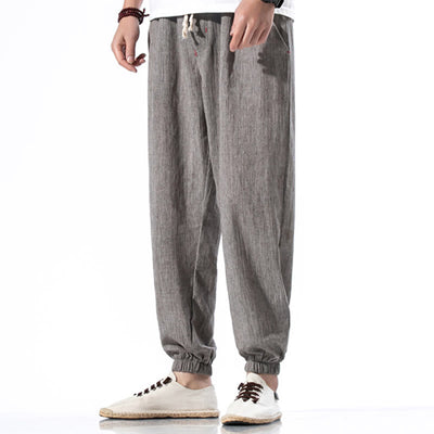 Foviel Casual Solid Color Drawstring Linen Men's Pants With Pockets