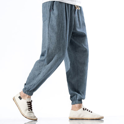 Foviel Casual Solid Color Drawstring Linen Men's Pants With Pockets