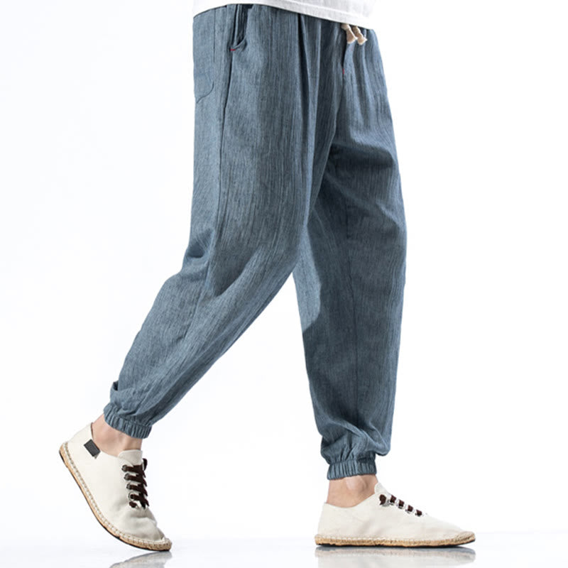 Foviel Casual Solid Color Drawstring Linen Men's Pants With Pockets