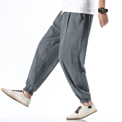 Foviel Casual Solid Color Drawstring Linen Men's Pants With Pockets