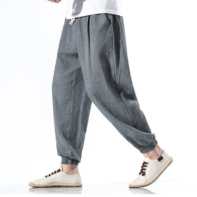 Foviel Casual Solid Color Drawstring Linen Men's Pants With Pockets