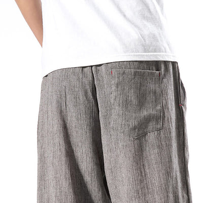 Foviel Casual Solid Color Drawstring Linen Men's Pants With Pockets