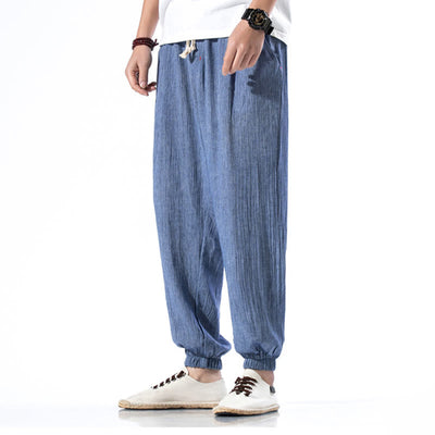 Foviel Casual Solid Color Drawstring Linen Men's Pants With Pockets