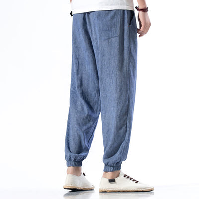 Foviel Casual Solid Color Drawstring Linen Men's Pants With Pockets