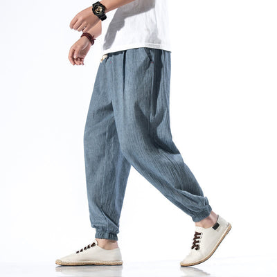 Foviel Casual Solid Color Drawstring Linen Men's Pants With Pockets