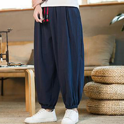 Buddha Stones Plain Color Red Drawstring Linen Men's  Pants With Pockets - image 32