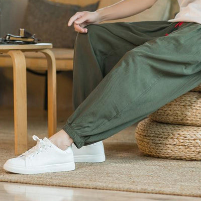 Buddha Stones Plain Color Red Drawstring Linen Men's  Pants With Pockets - image 11