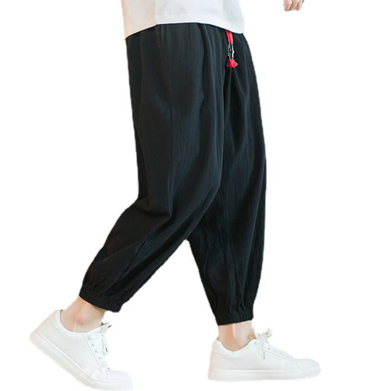 Buddha Stones Plain Color Red Drawstring Linen Men's  Pants With Pockets - image 22