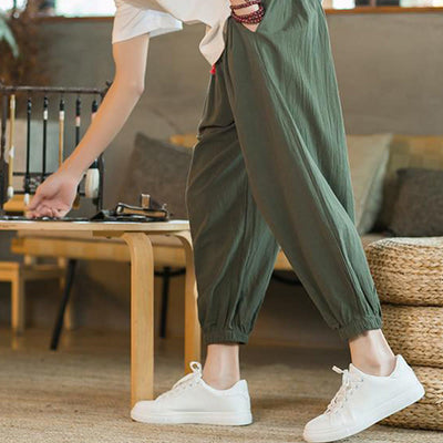 Buddha Stones Plain Color Red Drawstring Linen Men's  Pants With Pockets - image 9