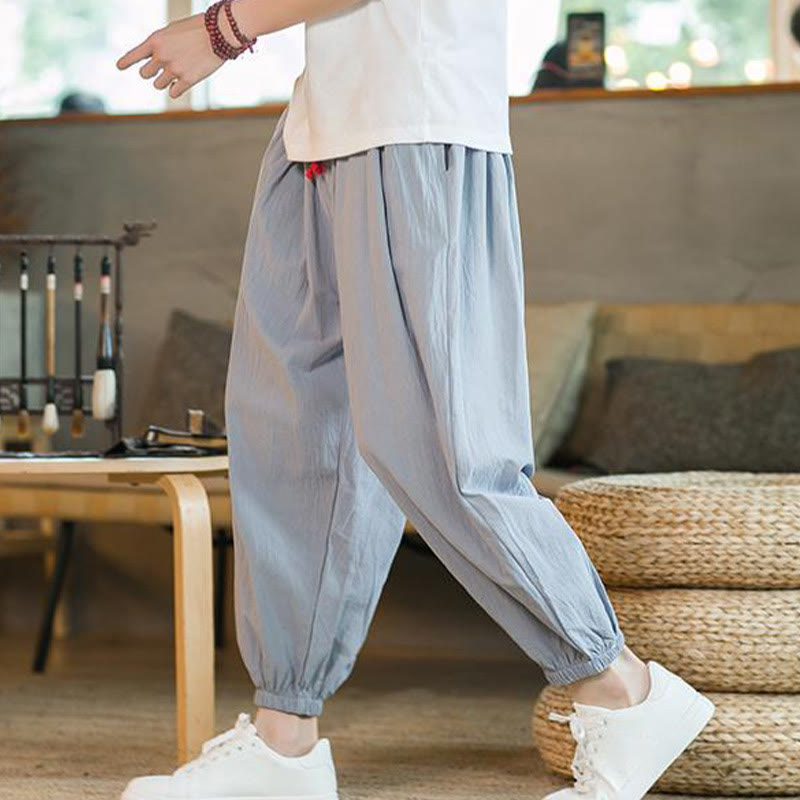 Buddha Stones Plain Color Red Drawstring Linen Men's  Pants With Pockets - image 28