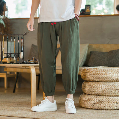 Buddha Stones Plain Color Red Drawstring Linen Men's  Pants With Pockets - Green - US/UK/AU46，EU56 (5XL)  - image 0