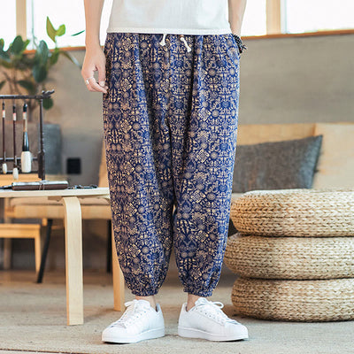 Buddha Stones Golden Mandala Pattern Cotton Linen Drawstring Men's Harem Pants With Pockets Men's Harem Pants BS 5