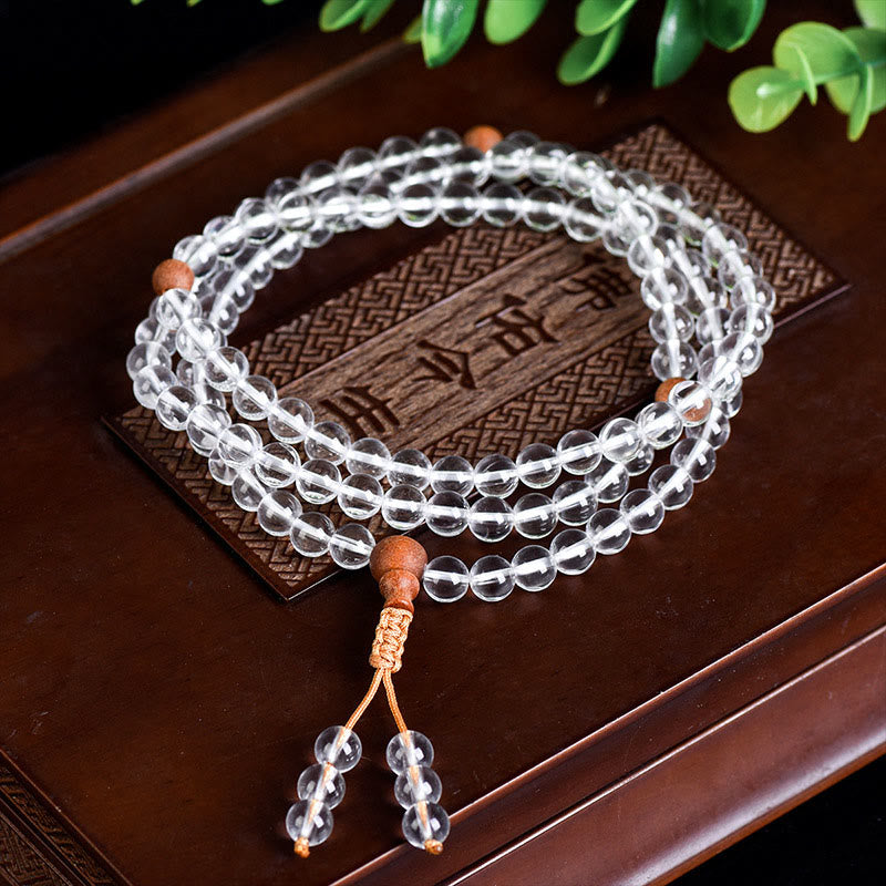 Buddha Stones 108 Mala Beads Natural Stone White Crystal Sandalwood Healing Bracelet - White Crystal(Wrist Circumference: 14-16cm) - image 0