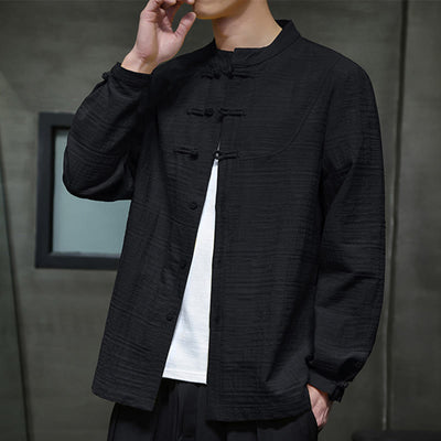 Chemise veste pour homme Foviel de style Tang, couleur unie, demi-boutons brandebourgs, en coton et lin