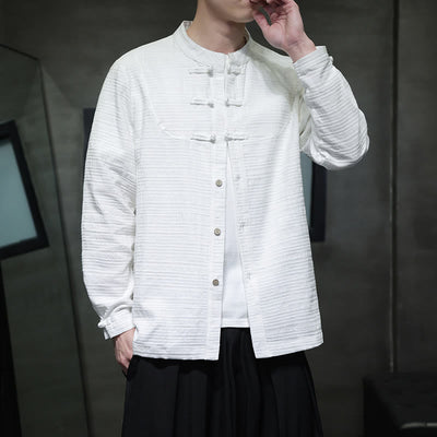 Chemise veste pour homme Foviel de style Tang, couleur unie, demi-boutons brandebourgs, en coton et lin