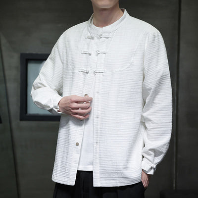 Chemise veste pour homme Foviel de style Tang, couleur unie, demi-boutons brandebourgs, en coton et lin
