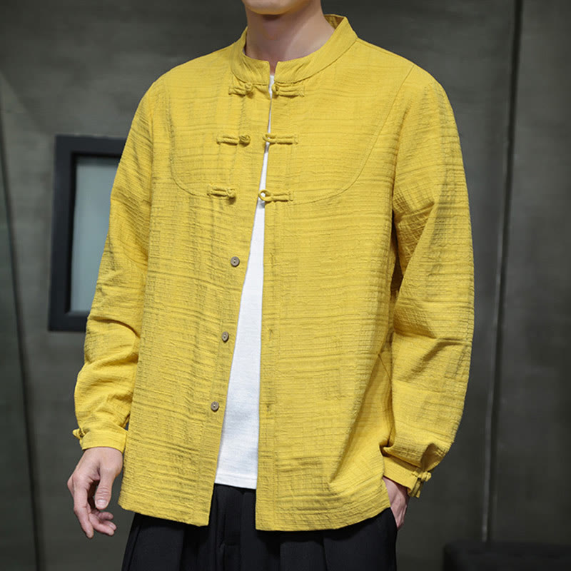 Chemise veste pour homme Foviel de style Tang, couleur unie, demi-boutons brandebourgs, en coton et lin