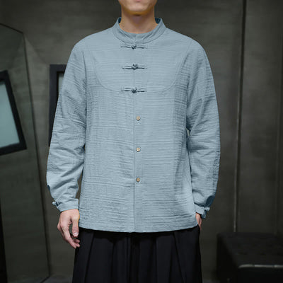 Chemise veste pour homme Foviel de style Tang, couleur unie, demi-boutons brandebourgs, en coton et lin