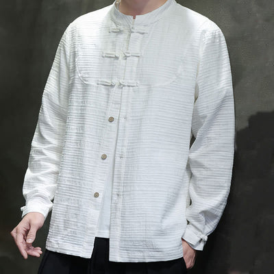 Chemise veste pour homme Foviel de style Tang, couleur unie, demi-boutons brandebourgs, en coton et lin