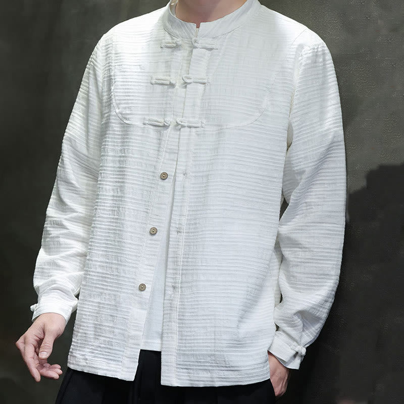 Chemise veste pour homme Foviel de style Tang, couleur unie, demi-boutons brandebourgs, en coton et lin
