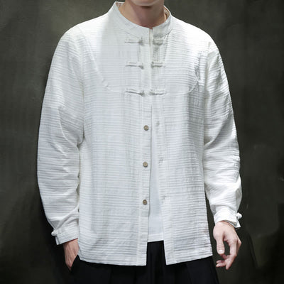 Chemise veste pour homme Foviel de style Tang, couleur unie, demi-boutons brandebourgs, en coton et lin