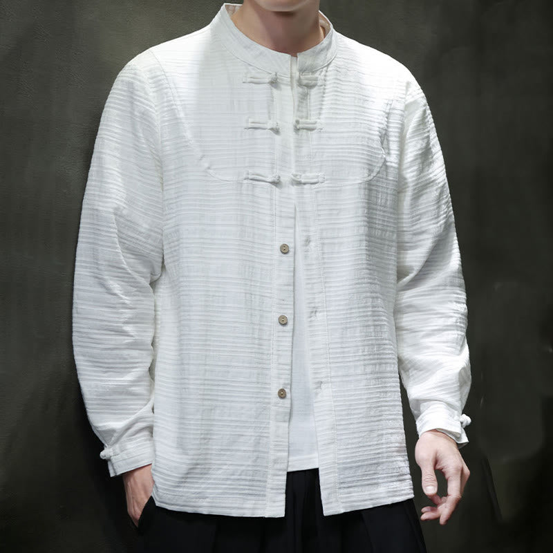 Chemise veste pour homme Foviel de style Tang, couleur unie, demi-boutons brandebourgs, en coton et lin