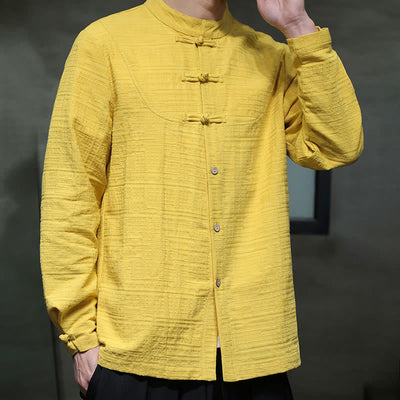 Chemise veste pour homme Foviel de style Tang, couleur unie, demi-boutons brandebourgs, en coton et lin