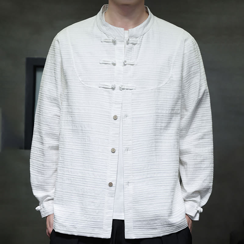 Chemise veste pour homme Foviel de style Tang, couleur unie, demi-boutons brandebourgs, en coton et lin