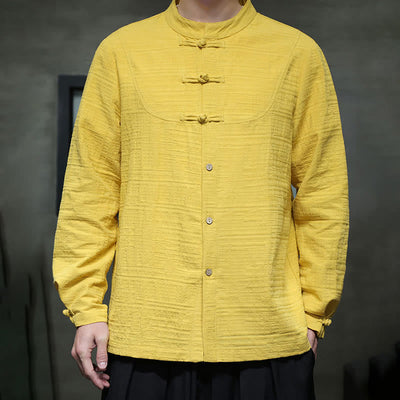 Chemise veste pour homme Foviel de style Tang, couleur unie, demi-boutons brandebourgs, en coton et lin