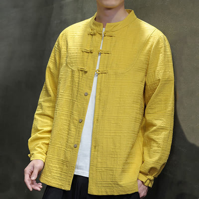 Chemise veste pour homme Foviel de style Tang, couleur unie, demi-boutons brandebourgs, en coton et lin