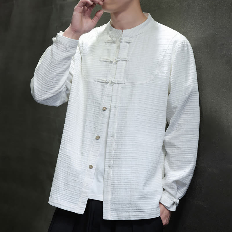 Chemise veste pour homme Foviel de style Tang, couleur unie, demi-boutons brandebourgs, en coton et lin