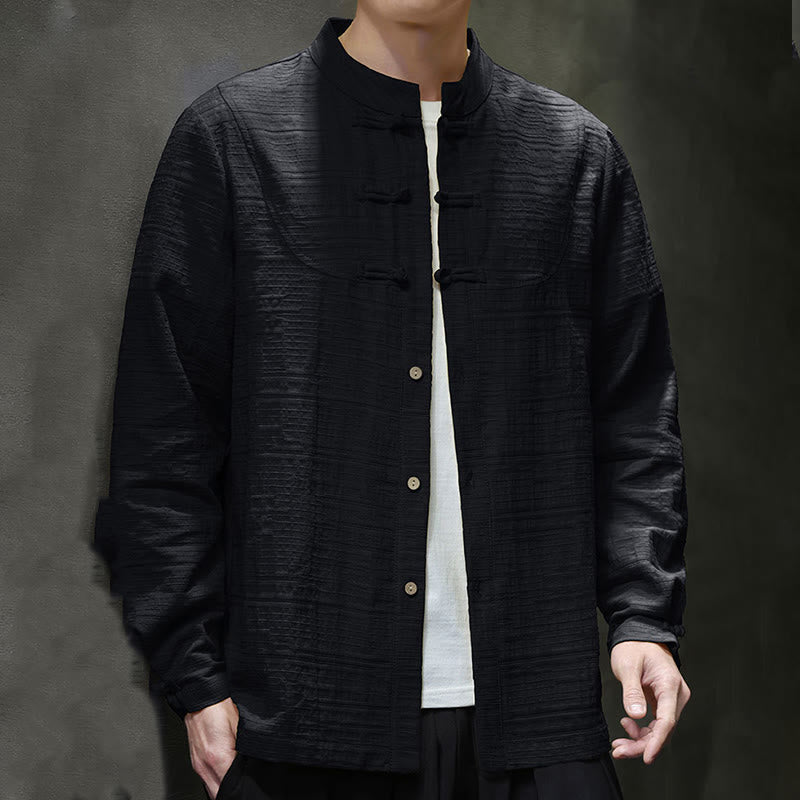 Chemise veste pour homme Foviel de style Tang, couleur unie, demi-boutons brandebourgs, en coton et lin