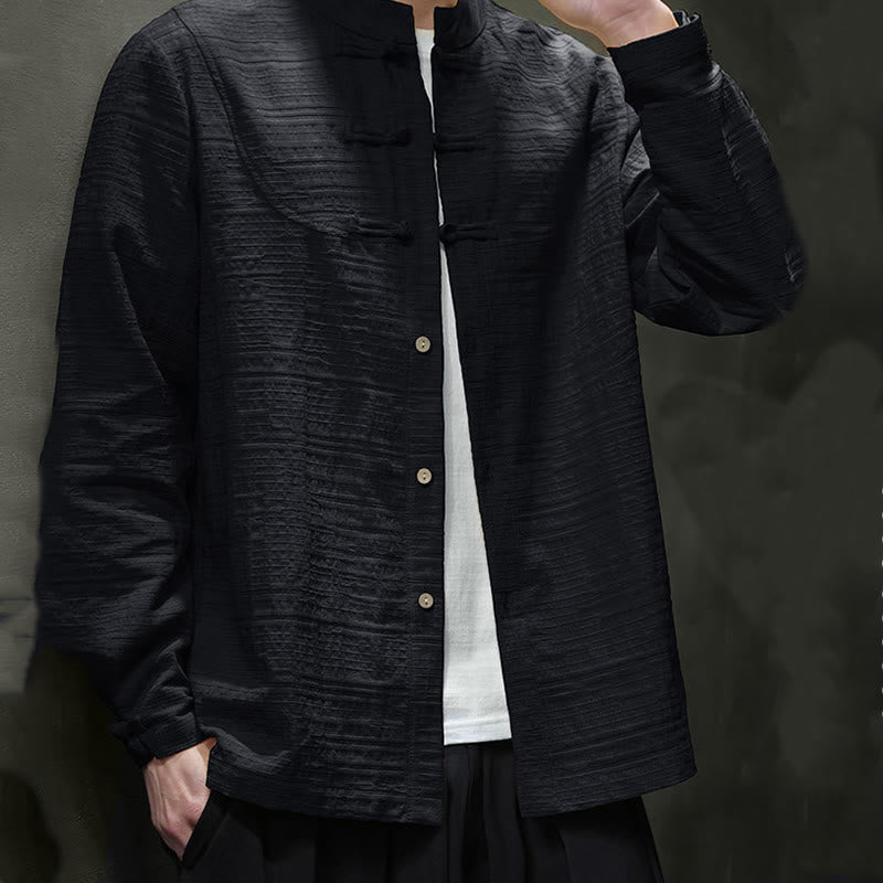 Chemise veste pour homme Foviel de style Tang, couleur unie, demi-boutons brandebourgs, en coton et lin