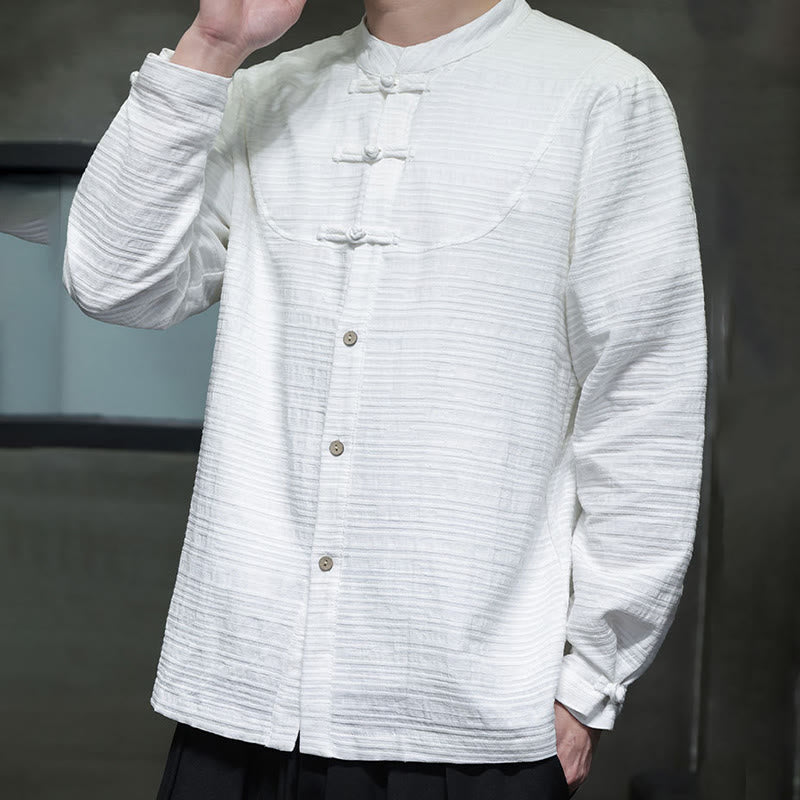 Chemise veste pour homme Foviel de style Tang, couleur unie, demi-boutons brandebourgs, en coton et lin