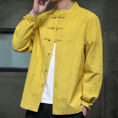 Chemise veste pour homme Foviel de style Tang, couleur unie, demi-boutons brandebourgs, en coton et lin