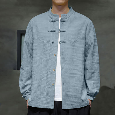 Chemise veste pour homme Foviel de style Tang, couleur unie, demi-boutons brandebourgs, en coton et lin