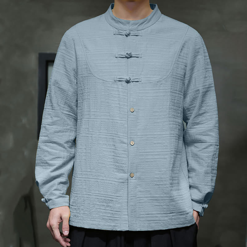 Chemise veste pour homme Foviel de style Tang, couleur unie, demi-boutons brandebourgs, en coton et lin
