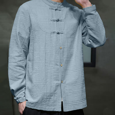 Chemise veste pour homme Foviel de style Tang, couleur unie, demi-boutons brandebourgs, en coton et lin